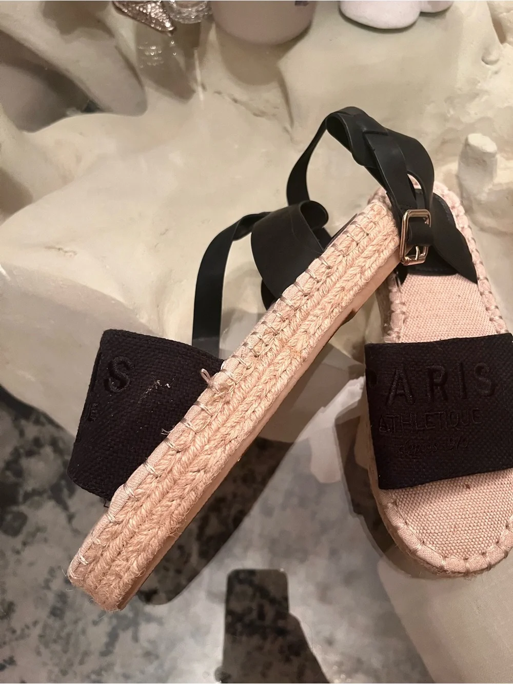🎀Paris Athletique Black & Beige Espadrille Slide Sandals Sz 6👀me up🍀